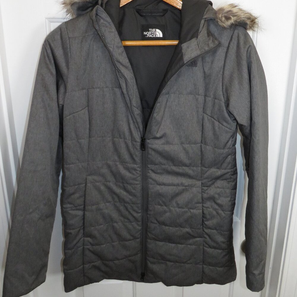 THE NORTH FACE Womens Harway Parka Jacket Medium Gray Zip Hooded Faux Fur